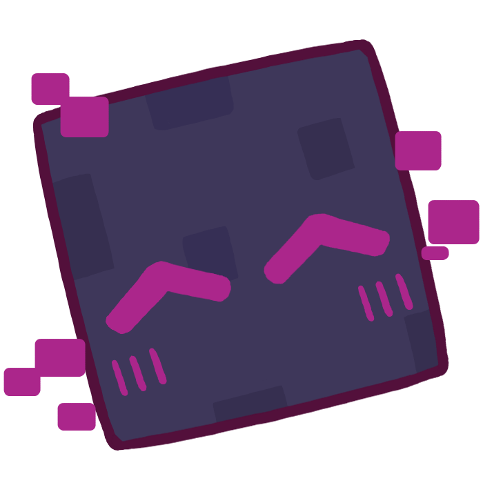 an enderman head with closed eyes and purple particles around it.